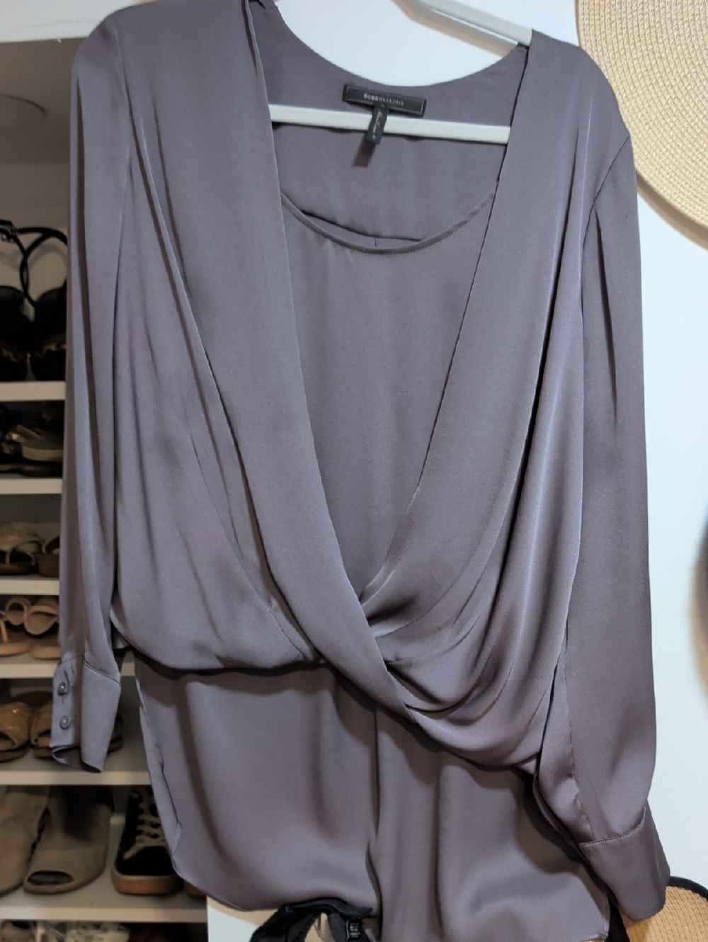 BCBGMaxAzria Draped Long-Sleeve Blouse in Taupe